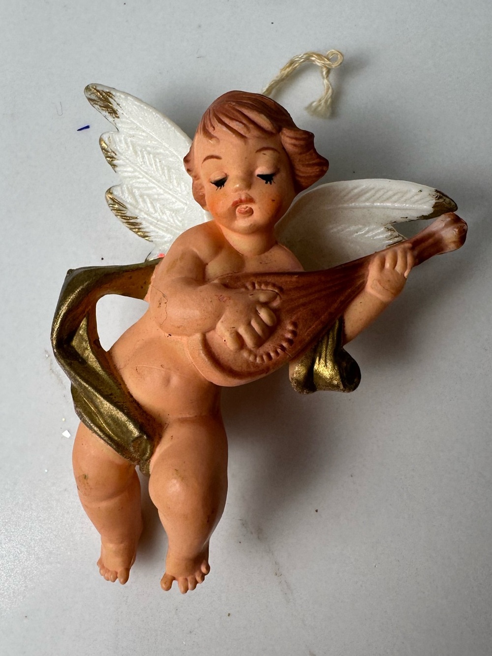 Vintage Cherub ceramic Angel Playing Mandolin Christmas Ornament